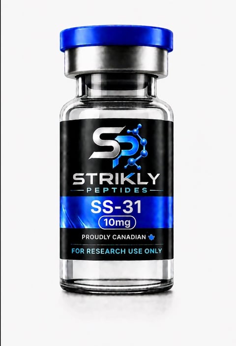 Strikly Peptides SS-31 10mg research vial with blue cap and black label on clear glass bottle
