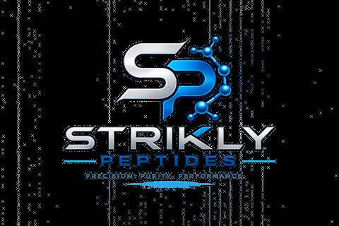 Strikly Peptides logo with blue tech design and tagline on dark digital background