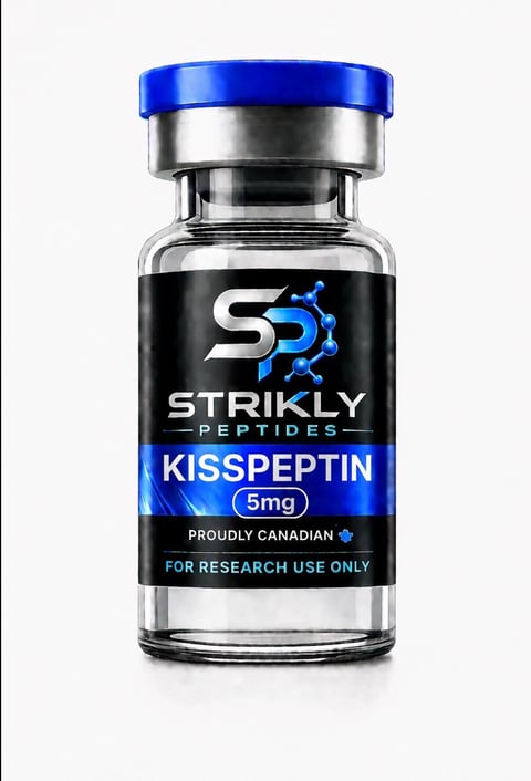 Small glass vial with blue cap containing Strikly Peptides Kisspetin 5mg, labeled for research use only