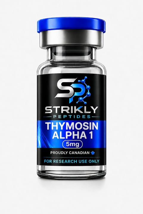 Clear glass vial with blue cap containing Thymosin Alpha 1 5mg peptide by Strikly Peptides, labeled for research use only
