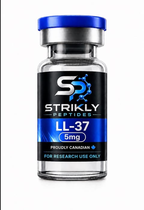 Strikly Peptides LL-37 5mg research vial with blue cap and black label, proudly Canadian, for research use only