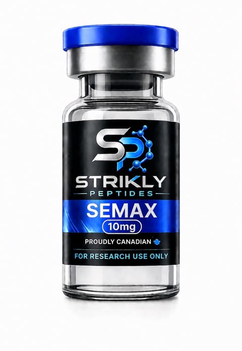 Strikly Peptides SEMAX 10mg research vial with blue cap and black label on white background