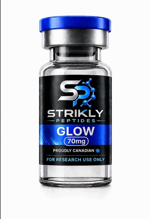 Strikly Peptides Glow 70mg research vial with blue cap and black label