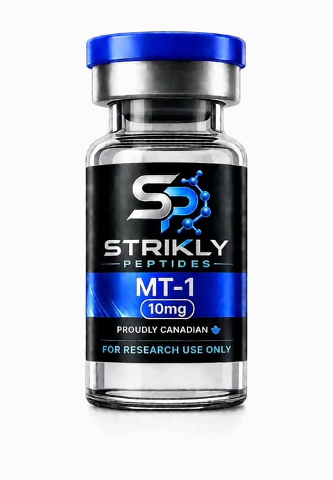 Glass vial of Strikly Peptides MT-1 10mg research peptide with blue cap and black label on white background