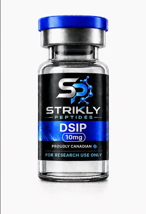 Strikly Peptides DSIP 10mg research vial with blue cap and black label, marked for research use only