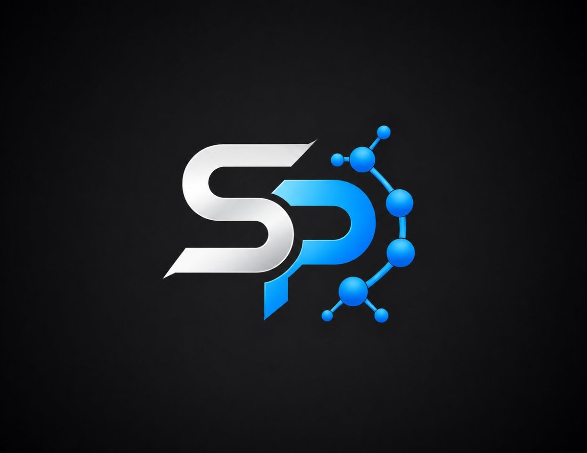 SP logo with white S and blue P integrated with molecular nodes on dark background