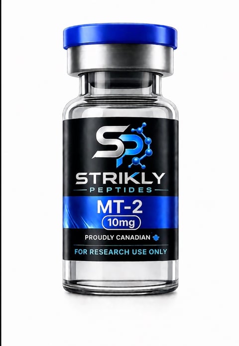 Clear glass vial of Strikly Peptides MT-2 10mg with blue cap and black label, marked for research use only.