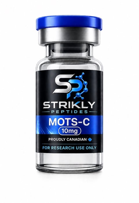 Strikly Peptides MOTS-C 10mg research vial with blue cap and black label on white background