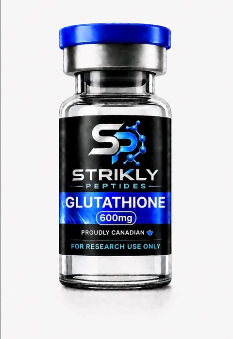 Strikly Peptides Glutathione 600mg research chemical vial with blue cap and black label