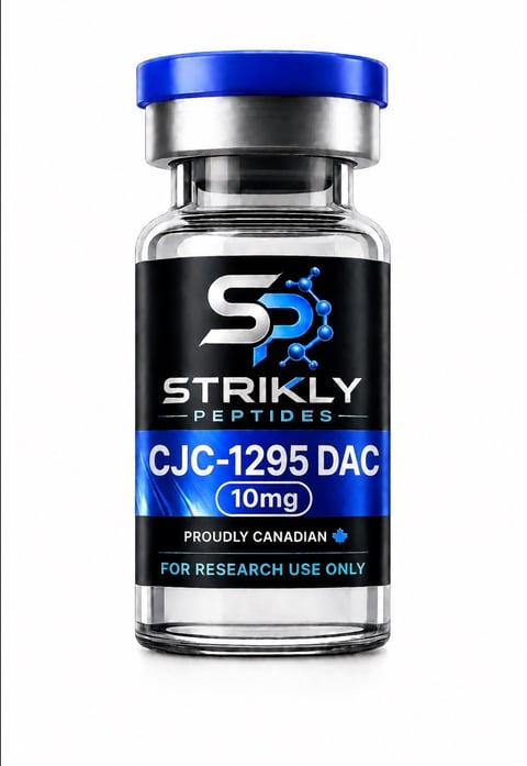Glass vial of CJC-1295 DAC 10mg peptide from Strikly Peptides with blue cap, labeled for research use only