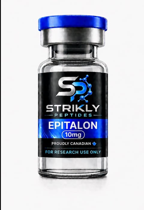 Glass vial with blue cap labeled Strikly Peptides Epitalon 10mg, marked for research use only