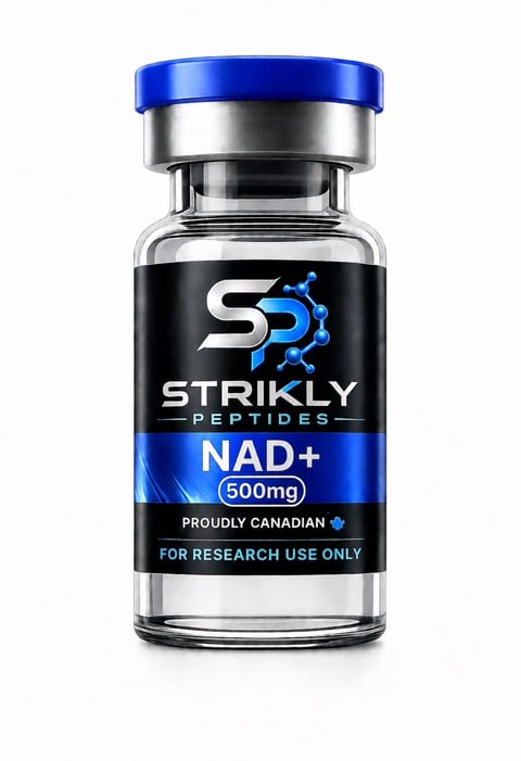 Glass vial of Strikly Peptides NAD+ 500mg research chemical with blue cap and black label
