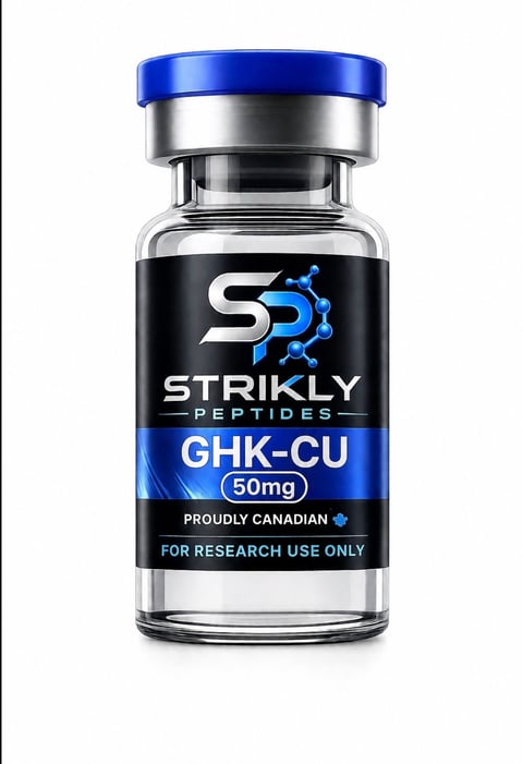 Strikly Peptides GHK-CU 50mg vial with blue cap, labeled for research use only, proudly Canadian