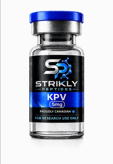 Clear glass vial with blue cap labeled KPV 5mg by Strikly Peptides, marked for research use only
