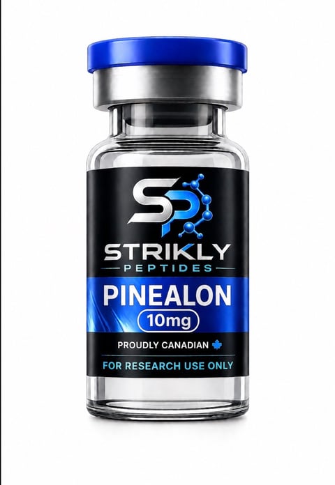 Glass vial of Strikly Peptides Pinealon 10mg with blue cap, labeled for research use only, proudly Canadian product
