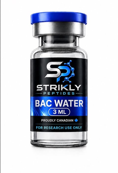 Strikly Peptides BAC Water 3ml research vial with blue cap and black label on white background
