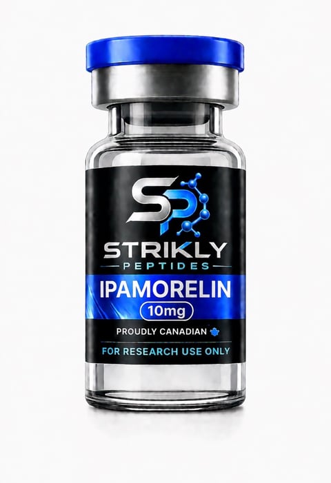 Strikly Peptides Ipamorelin 10mg research vial with blue cap, labeled as proudly Canadian and for research use only