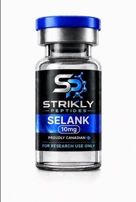 Strikly Peptides Selank 10mg research vial with blue cap and black label on white background